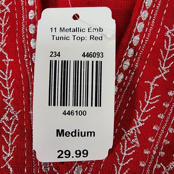SML Design Tunic Top Womens Medium Metallic Embellished Red 3/4 Sleeve Knit NWT - Picture 9 of 10